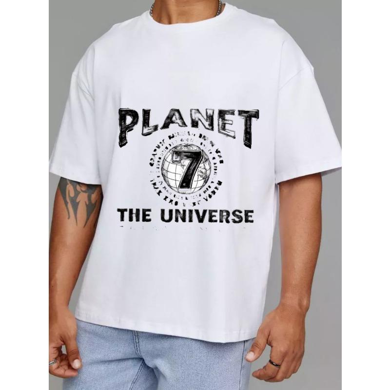 Crewneck T Shirt White Planet 7 The Universe Graphic Print Casual Wear for Men and Women Streetwear Fashion Trendy Design Summer Outfit