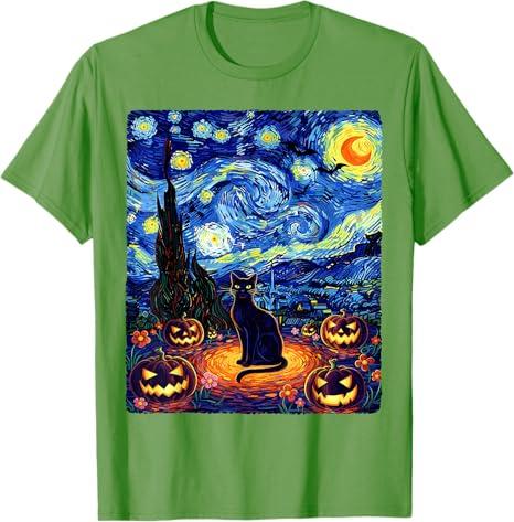 Halloween Black Cat Van Gogh Starry Night Cat Costume Women TShirt Y2k Kitten Pumpkin Spooky Graphic Outfit Novelty Tee Gifts