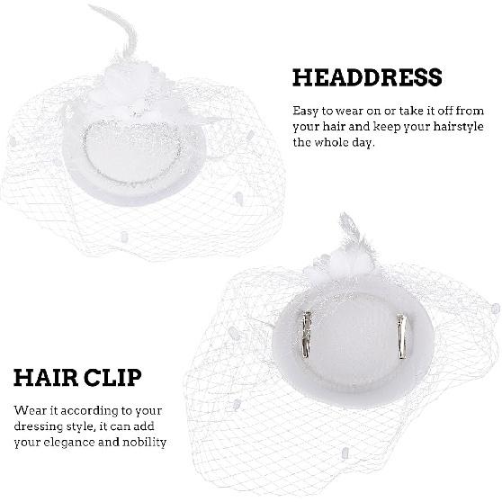 Lurrose Vintage White Plume Flower Pillbox Hat with Veil, Wedding Fascinator Headwear for Women, Cocktail Party and Special Occasion Accessory
