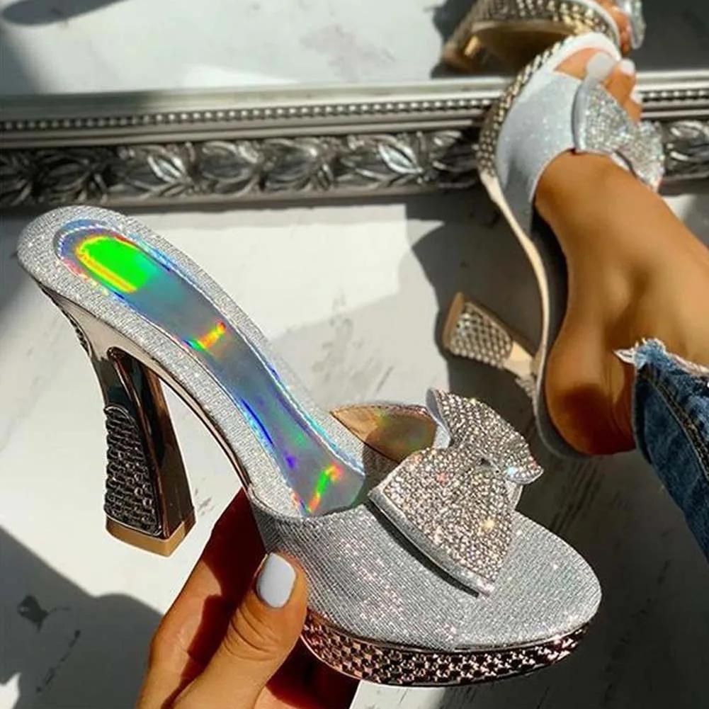 Fashion Trendy Fashion Female Bowknot Sexy Slippers 2025 Summer Slippers Women Platform Crystal Thick High Heels Shoes Woman