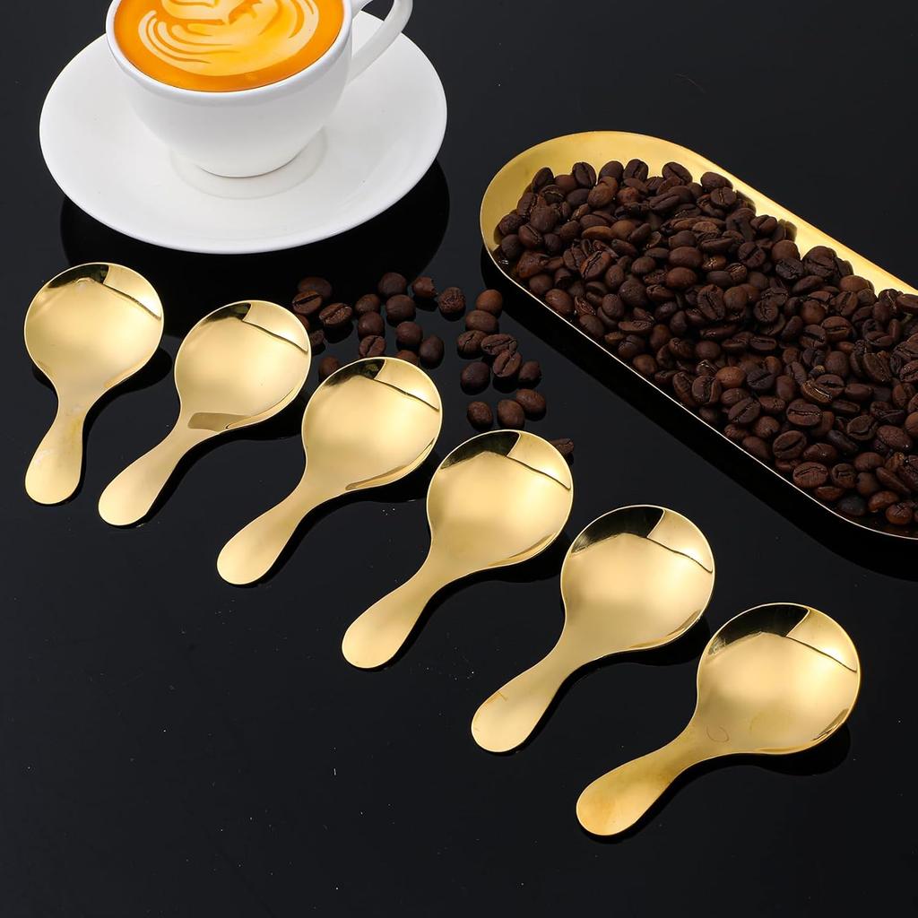 TIESOME 7 PCS Short Handle Spoons, Gold Stainless Steel Mini Scoops Thickened Small Round Spoon Small Coffee Scoops for Canisters Salt Sugar Coffee