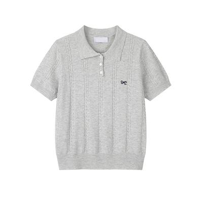 T-Shirt mit Schleifenstickerei für Damen, ein neues Sommer-Poloshirt im koreanischen Stil mit gerader Schulter und einem dünnen Strickoberteil