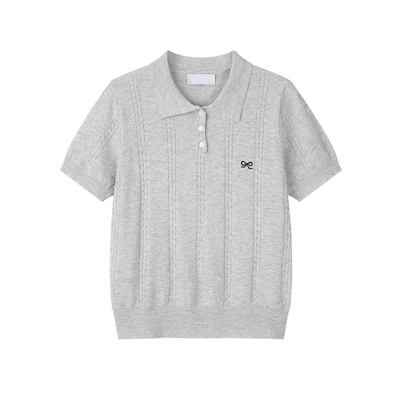 

Bow-embroidered Short-sleeved T-shirt for Women, A New Summer Korean-style Polo Shirt with A Straight Shoulder, and A Thin Knitted Top one size белый