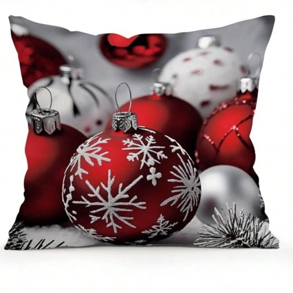 1Pc Christmas Themed Throw Pillow Covers Set, Red Silver Ornament & Tree Festive Pattern, Chic Home Accent & Gift For Christmas