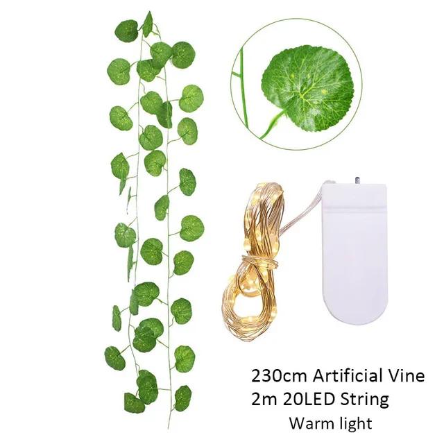

2,3 м искусственная лиана плюща с зелеными листьями и 2 м светодиодными гирляндами - для дома, свадьбы, вечеринки, подвесная гирлянда из искусственных цветов