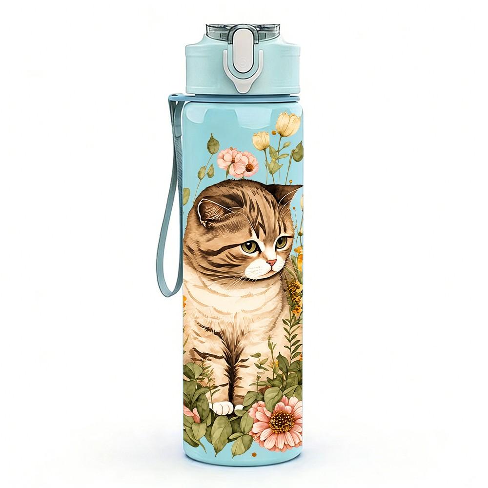 1PC Kitten Dried Flower Bouquet Pattern 750ml Color Plastic Sports Water Bottle Leakproof Flip Straw Lid Suitable for Sports Office Home Use