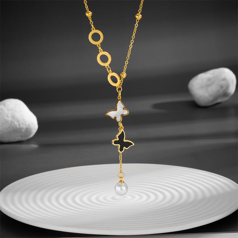 Elegant European & American Shell Butterfly Tassel Necklace - Titanium Steel, Black & White, Small Beads, Pearl Accent