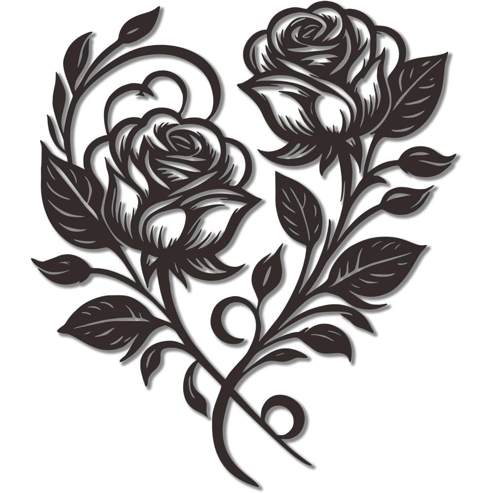 Wrought Iron Rose Heart Wall Art Black Metal Flower Home Decor Romantic 12.6x11 Inch For Living Room Bedroom Outdoor Valentine Gift