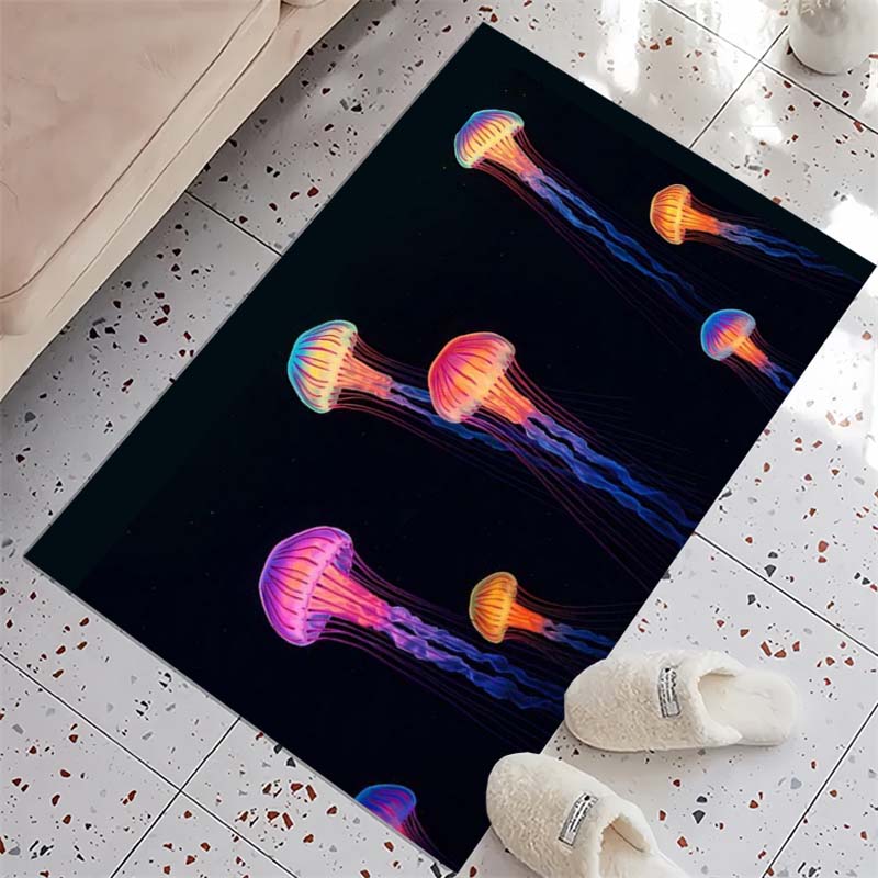 Neon Jellyfish Print Doormat, Non-Slip Entrance Floor Mat with Colorful Glowing Jellyfish on Black Background, Indoor Rug for Ocean Lovers