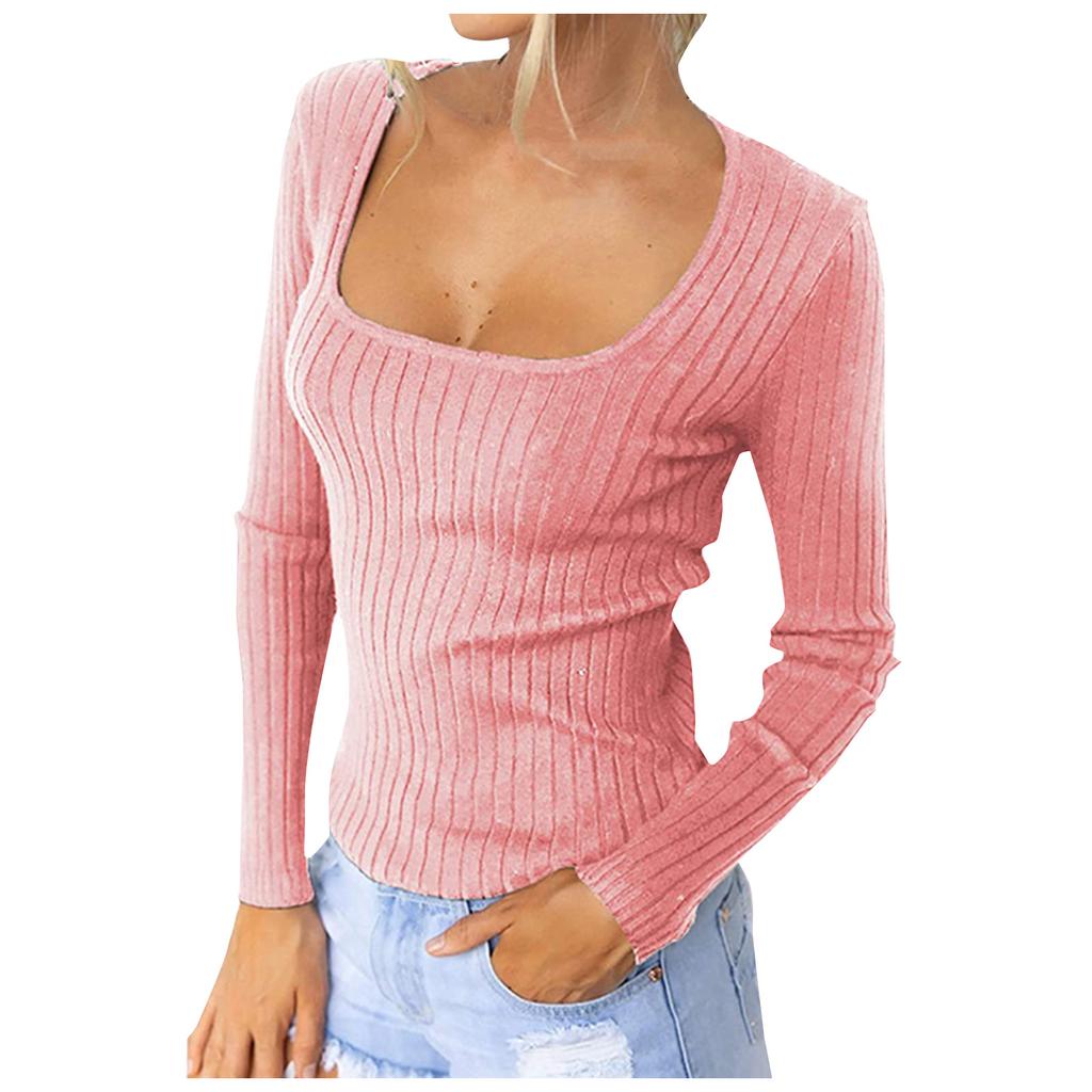 Damenmode, lässig, einfarbig, sexy, schlankes, langärmeliges T-Shirt mit quadratischem Ausschnitt