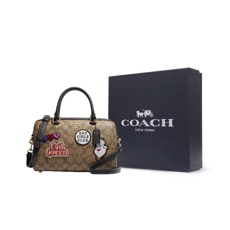 Coach X Disney Rowan 27 Classic Monogram Zipper Closure Cartoon Logo Patchwork Shoulder Crossbody Tote Bag Large Women Handbags Dark-Khaki CC149-IME7V