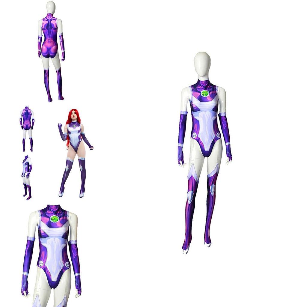 Mono de Cosplay Starfire de Teen Titans Disfraz de Halloween para Adultos Niños Tejido Elástico Transpirable Estampado 3D