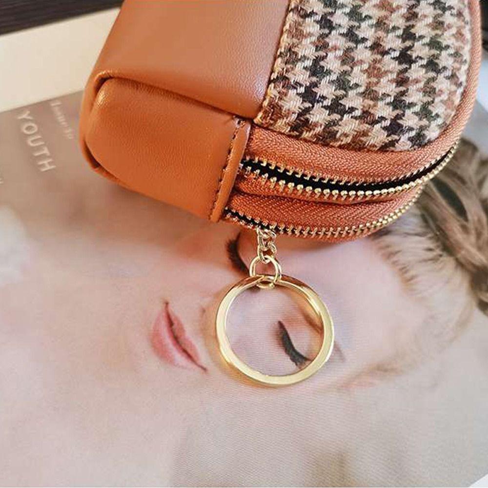 With Key Chain Canvas Mini Double Layers Zipper Card Holders Leather Bag Women Coin Purse Wallet