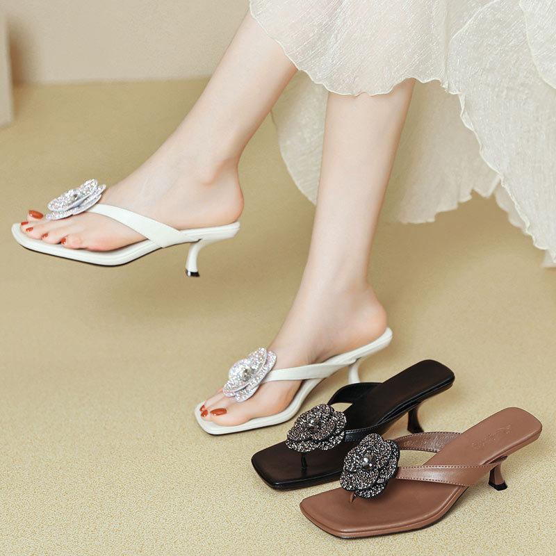 Fashion Ladies Crystal Flower Flipflops Thong Clip Toe Sandals Women Kitten High Heel Shoes Wedges Beach Slides Femme Slingback Slippers