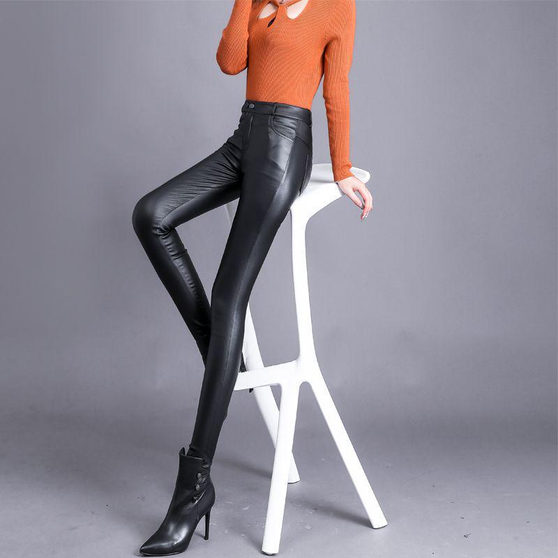 2023 Women's High Waist Leather Base Layer Pants - Autumn/Winter Korean Style, Slimming & Thickened