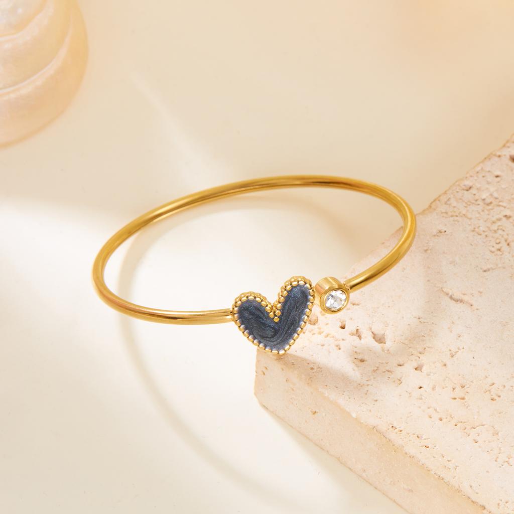 Stainless Steel Love Heart Shape Open Bracelet For Women Gold Plated Crystal Zircon Exquisite Open Bangle Waterproof Jewelry