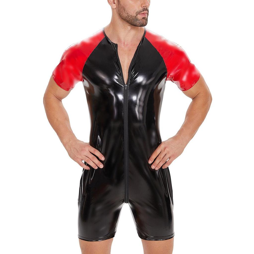 Men's European & American PVC Shiny Leather Bodysuit - Sexy Slim-Fit Patchwork Performance Wear.