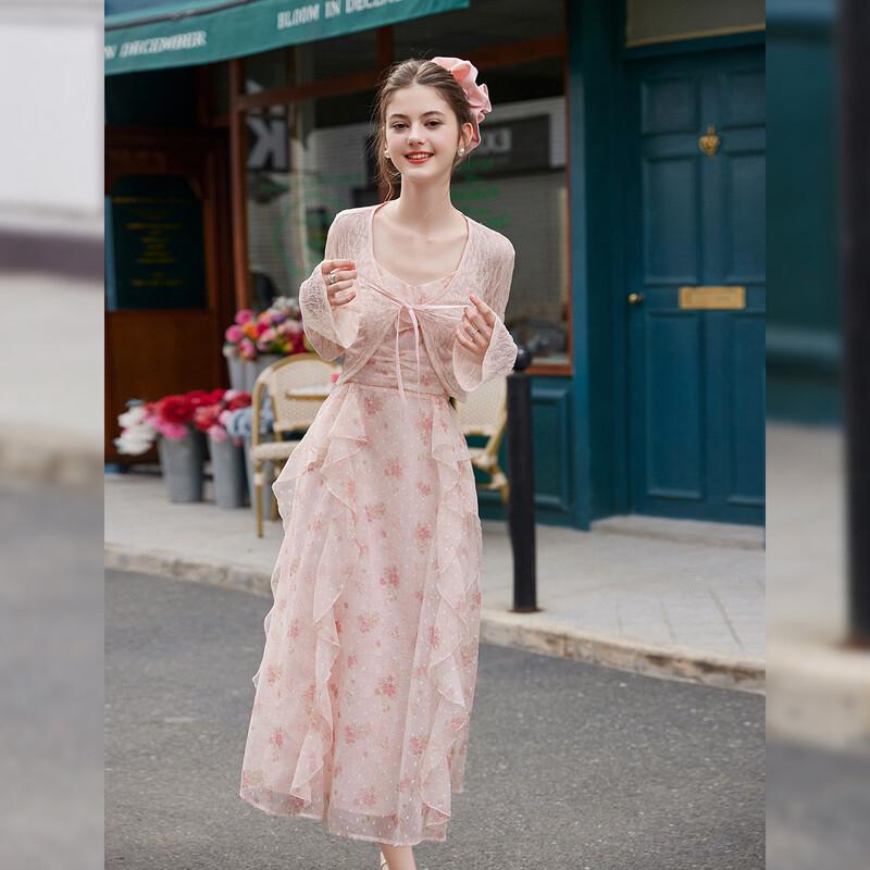 French Style Lace Cardigan & Floral Slip Dress Two-Piece Set