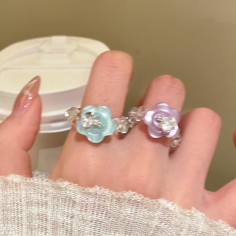 New color crystal flower beaded ring, sweet and cute girl style index finger ring, niche design sense jewelry for women