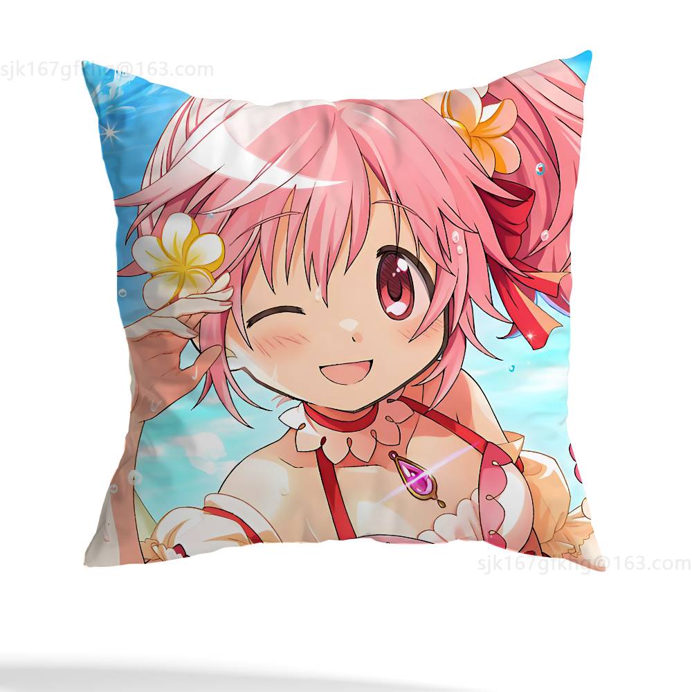 Puella Magi Madoka Magica Kissenbezug Milbenabweisender Kissenbezug Unsichtbarer Reißverschluss Seidig kurzer Plüsch Sofakissenbezug