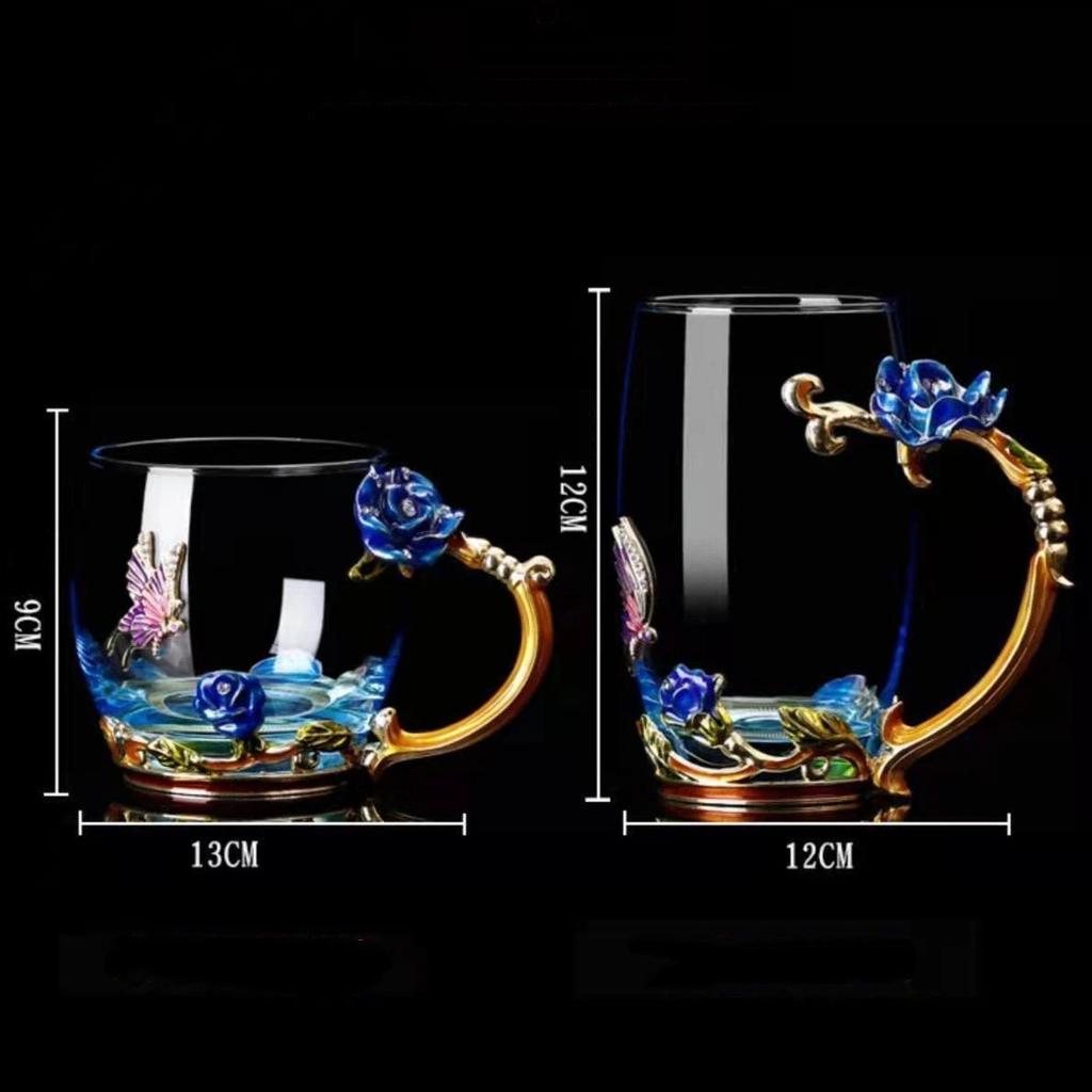 Uropean Enamel Rose Glass Cup Set with Hand-Carved Floral Design – Vintage Luxury Coffee & Tea Cups