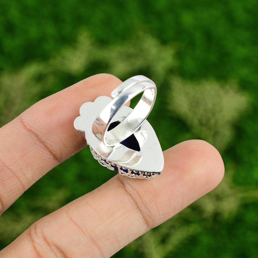 Natural Lapis Lazuli Gemstone 925 Silver Statement Adjustable Ring For Women