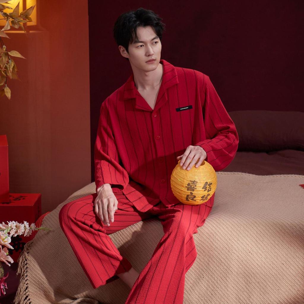 Men's Long-Sleeve Woven Gauze Pajama Set for Spring/Autumn