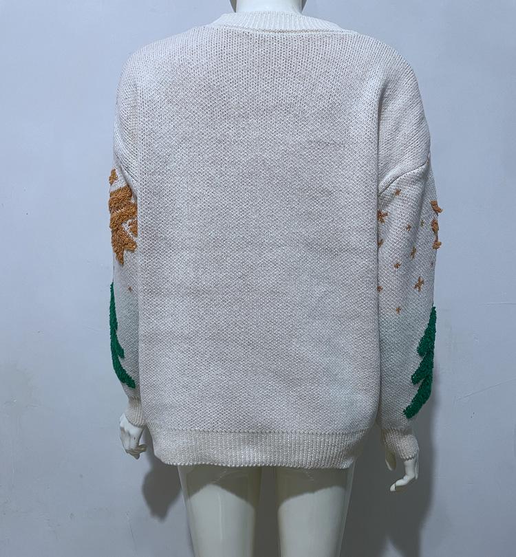 2025 Women's Embroidered Christmas Sweater - European & American Style Crew Neck Pullover with Snowflake and Tree Design