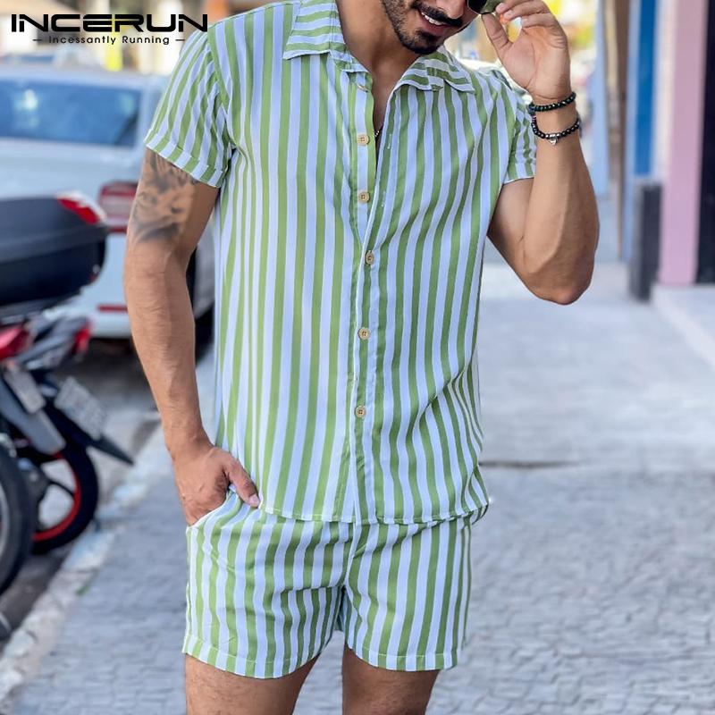 

INCERUN 2PCS Летние мужские полосатые рубашки с коротким рукавом и шорты пляжные комплекты