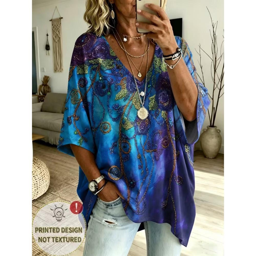 Women's Large Size V-neck Top, Elegant, Comfortable and Simple Butterfly Pattern Print Large Size Women's V-neck T-shirt