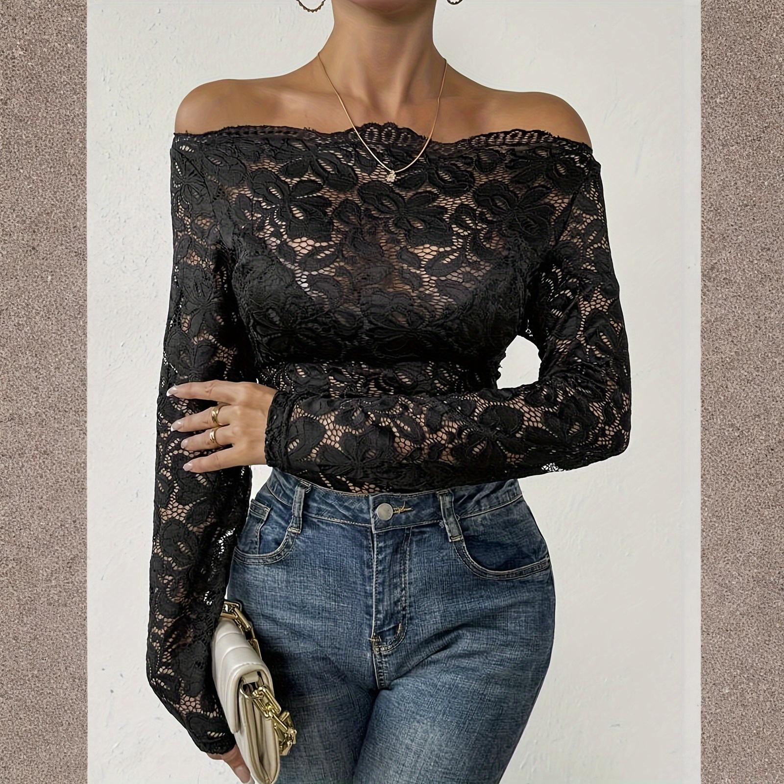 

Женская футболка с открытыми плечами, однослойное кружево, приталенный крой, с длинным рукавом XL чёрный