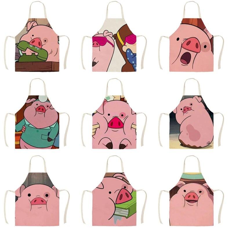 Cute Piggy Pink Pig Print Sleeveless Linen Apron Adult Kids Kitchen Stain Resistant Baking Accessories Household Cleaning Bibs