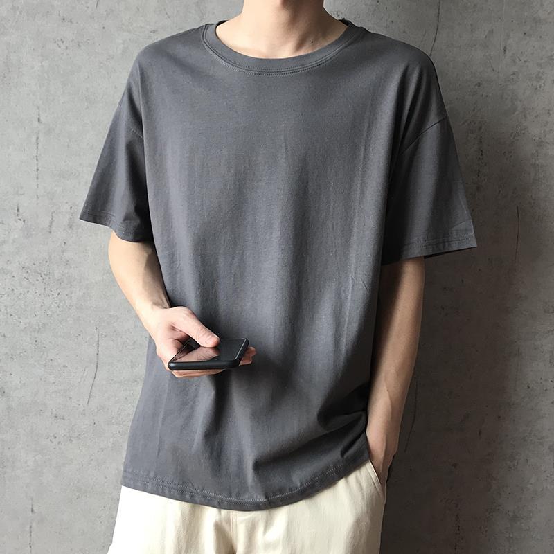 

Мужская летняя свободная футболка с коротким рукавом в гонконгском стиле, однотонная, с пятиточечным рукавом, черно-белая, белая, со средним рукавом, прилив 3XL серый