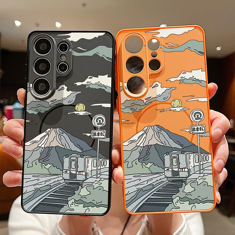 Magnetic For Magsafe Case For Samsung Galaxy S26 Ultra S25 Edge S24 Plus S23 FE S22 A54 A55 A56 5G Anime Landscape Train Pattern Matte Cover