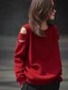 Women's Trendy Red Off-Shoulder Hollow-Out Wool Sweater - Loose, Slimming, Versatile Pullover Design
