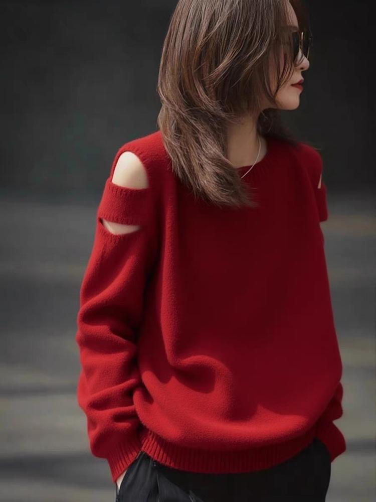 Women's Trendy Red Off-Shoulder Hollow-Out Wool Sweater - Loose, Slimming, Versatile Pullover Design