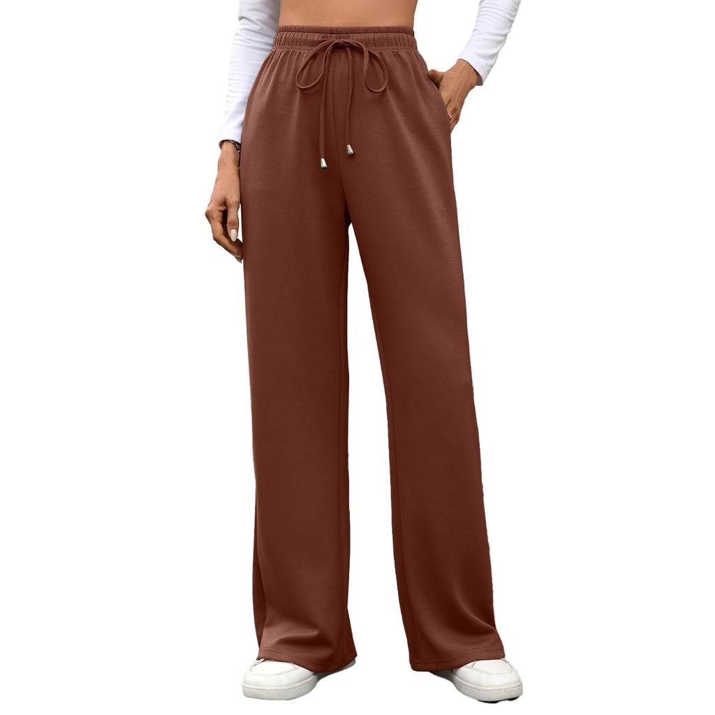 Fall Winter New Women's Solid Color High Waist Loose Straight Long Trousers With Pockets Elastic Waist Casual Pants For Crossborder Trade