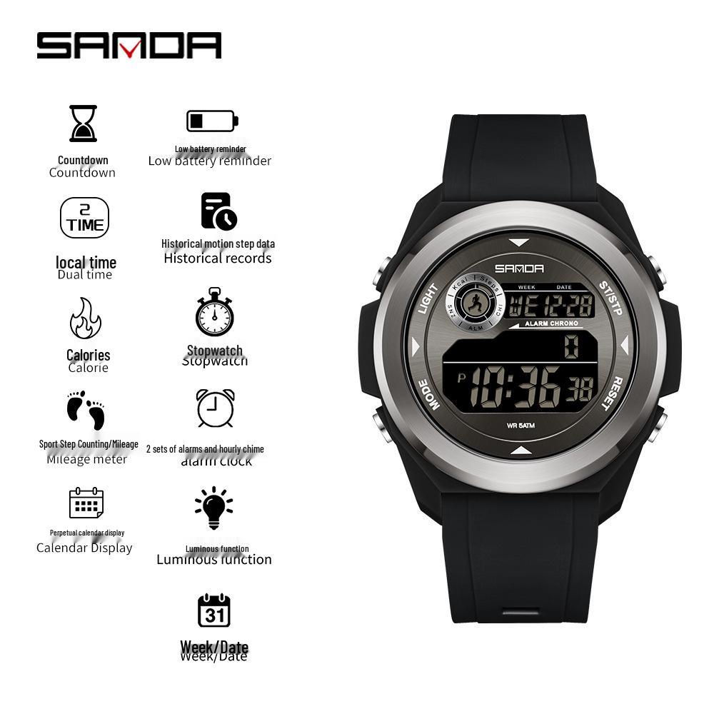 Sanda Sports Multifunctional Waterproof Pedometer Watch with Timer, Alarm, and Night Light