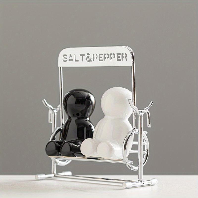 1 Set of Charming Black,White Salt,Pepper Shakers ,Ceramic, Modern Kitchen Spice Jars with Metal Stand, Ideal for Western Dining Table Decor