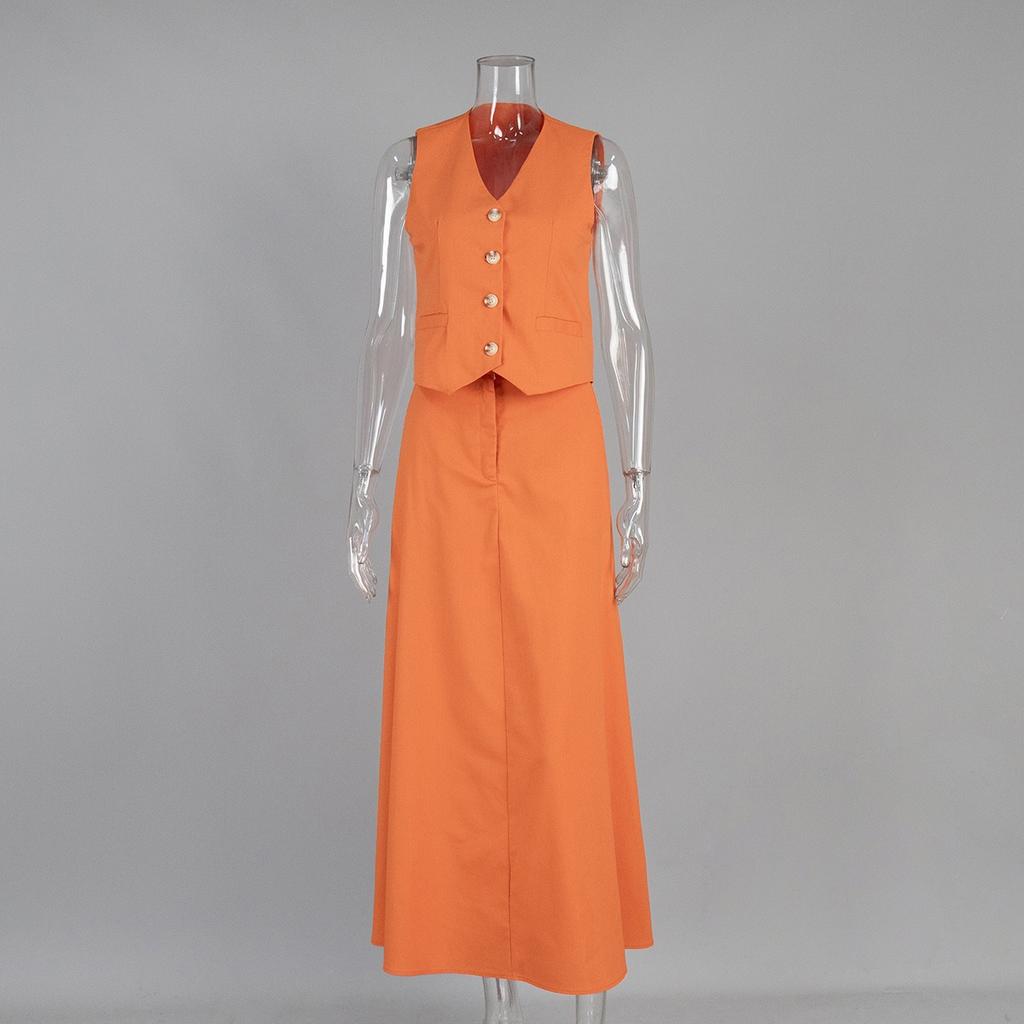 Women's  Summer Cotton Linen Vest Maxi Skirt Two Piece Set Casual Outfit, European American Style Casual Matching Suit