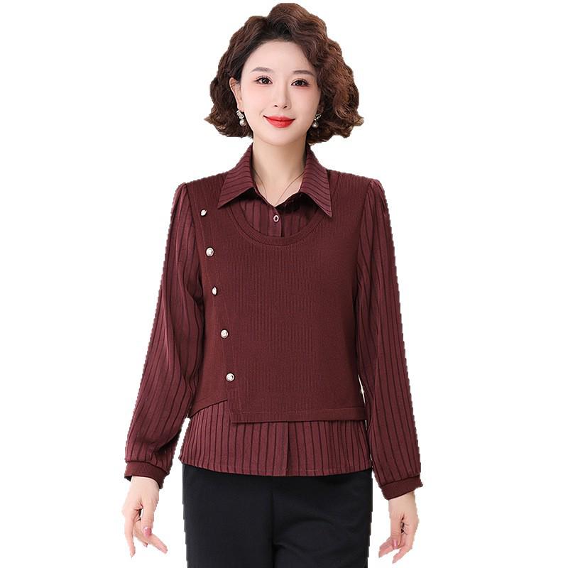 Women's Spring Summer Long Sleeve Chic Slimming Two-Piece Layered Top for Middle-Aged & Elderly