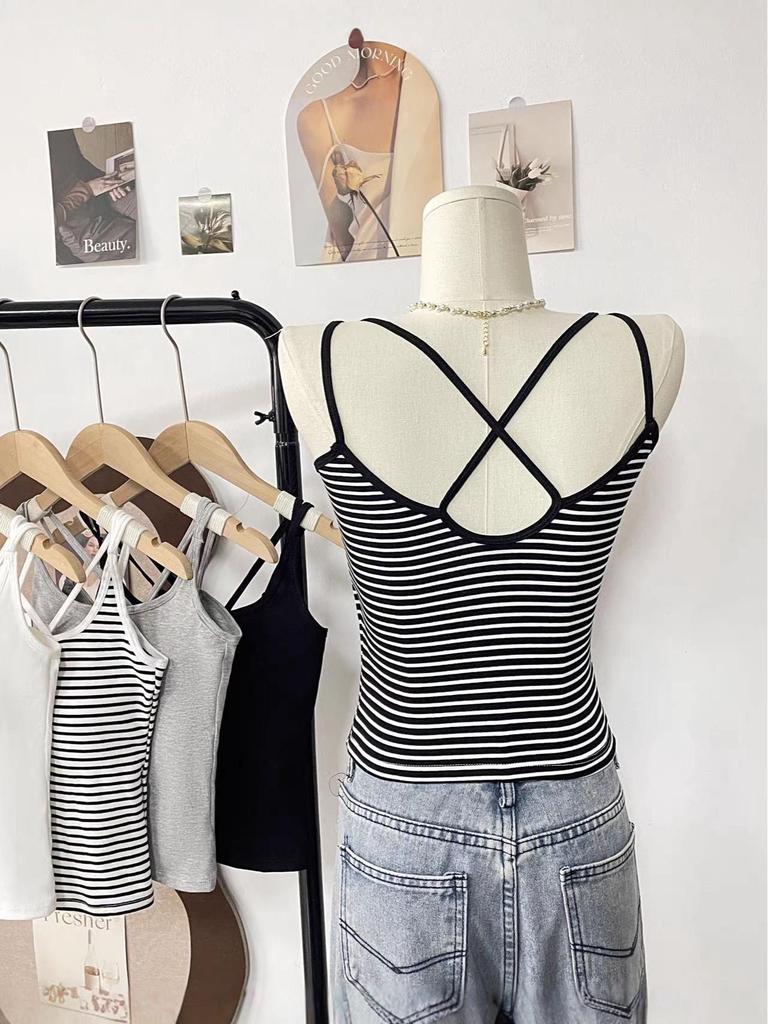 Striped Cut-Out Back Camisole Tank with Built-in Pads for No-Bra Wear