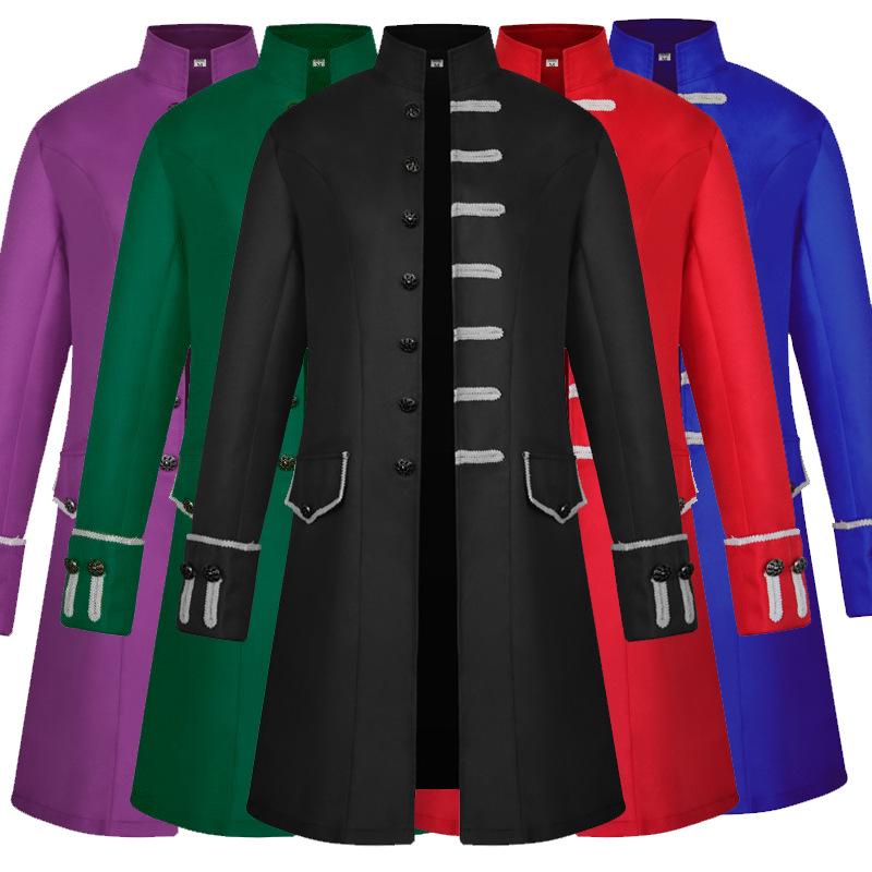 2024 European & American Men's Solid Color Steampunk Overcoat with Stand-Up Collar