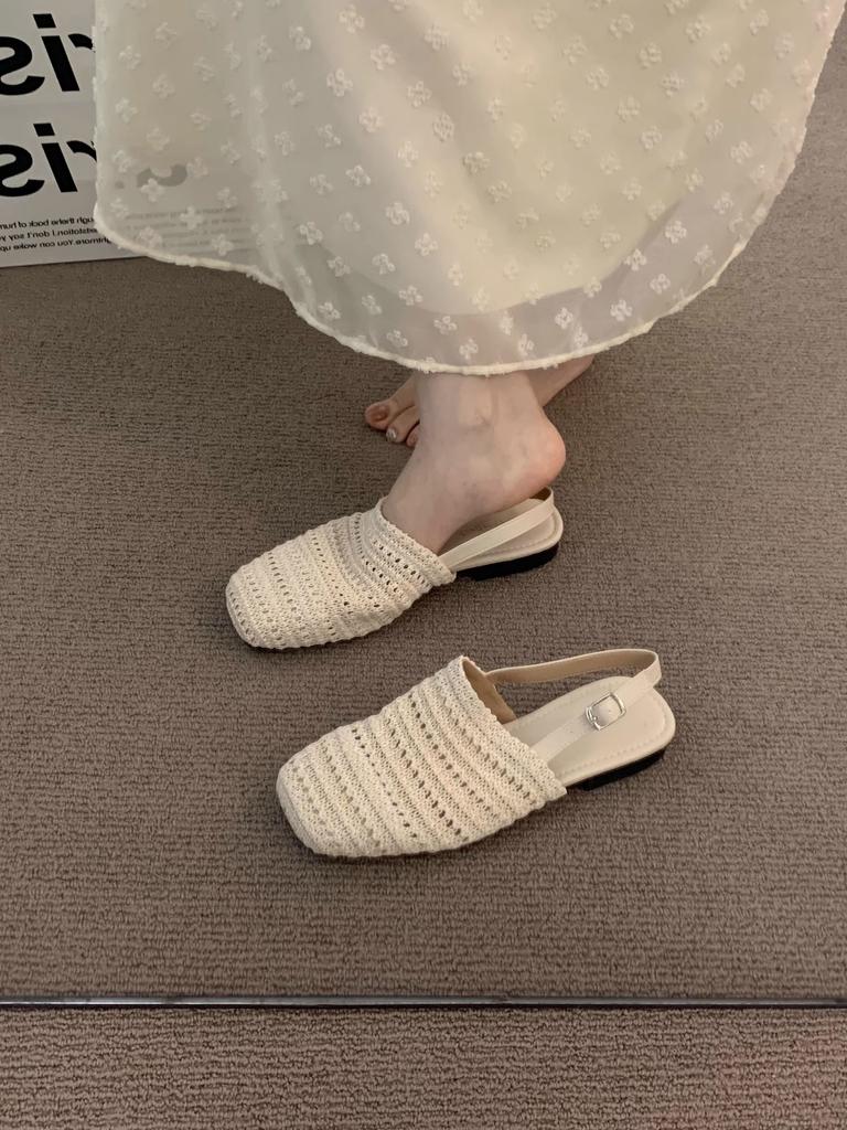 Sheepskin version~ niche French one-word cool slippers women's open-toed square head temperament Roman shoes flat beach shoes