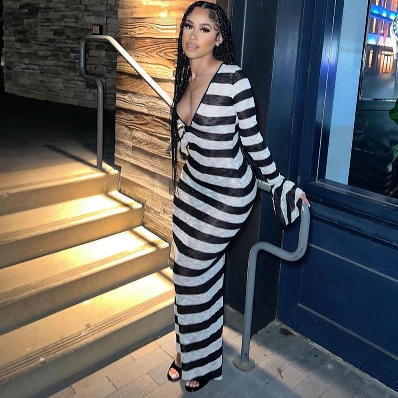 

Women s clothing 2025 summer new fashion sexy long-sleeved striped print dress S