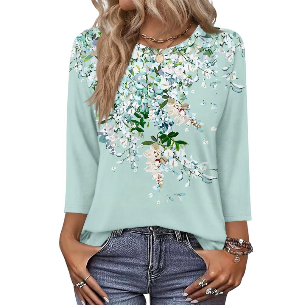 343/4 Sleeve Shirts For Women Cute Print Graphic Tees Blouses Casual Plus Size Basic Tops Pullover