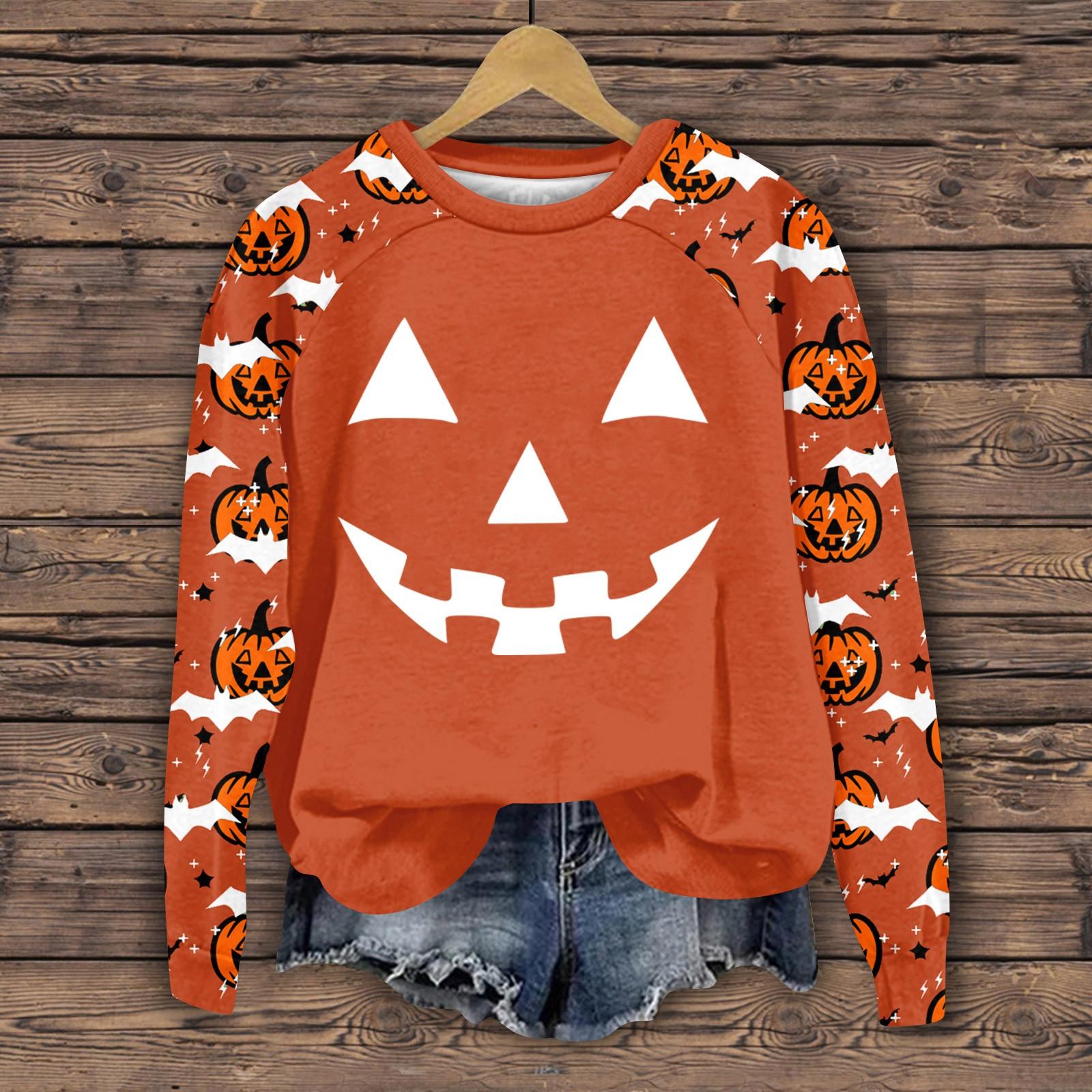 

Женская мода повседневная длинная рукава Хэллоуин принт реглан круглый вырез свитер топ XL шафрановый
