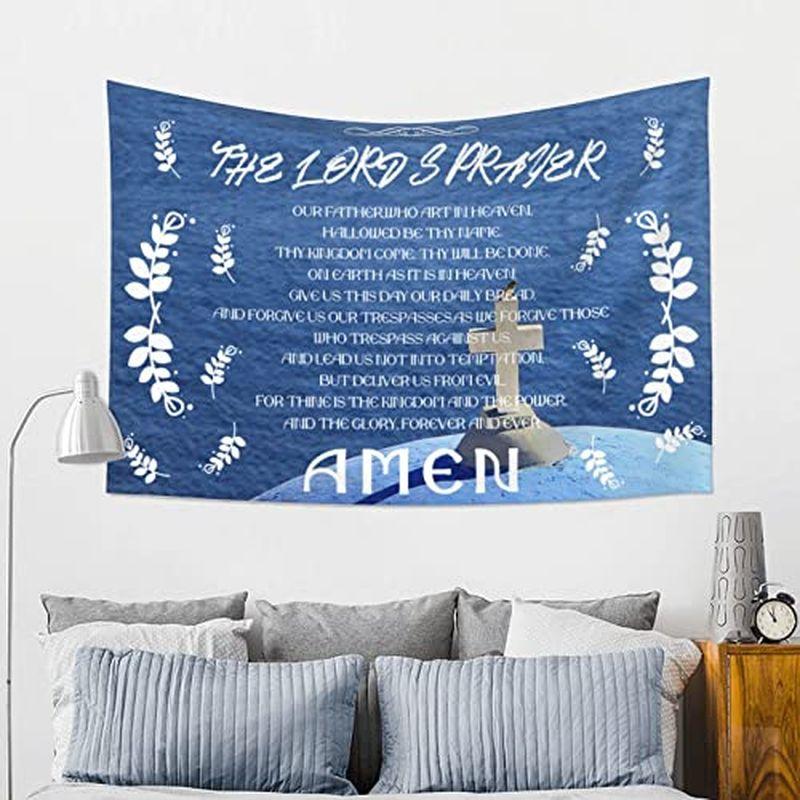 Lord's Prayer Cross Blue Tapestry, Christian Faith Prayer Wall Hanging, Bedroom Dormitory Room Decoration