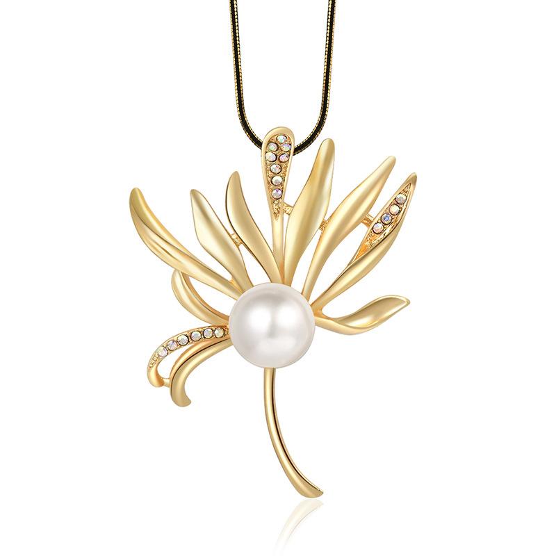 Leaf Pearl Sweater Chain Femininity Pearl Long Necklace Mom Clothes Accessories
