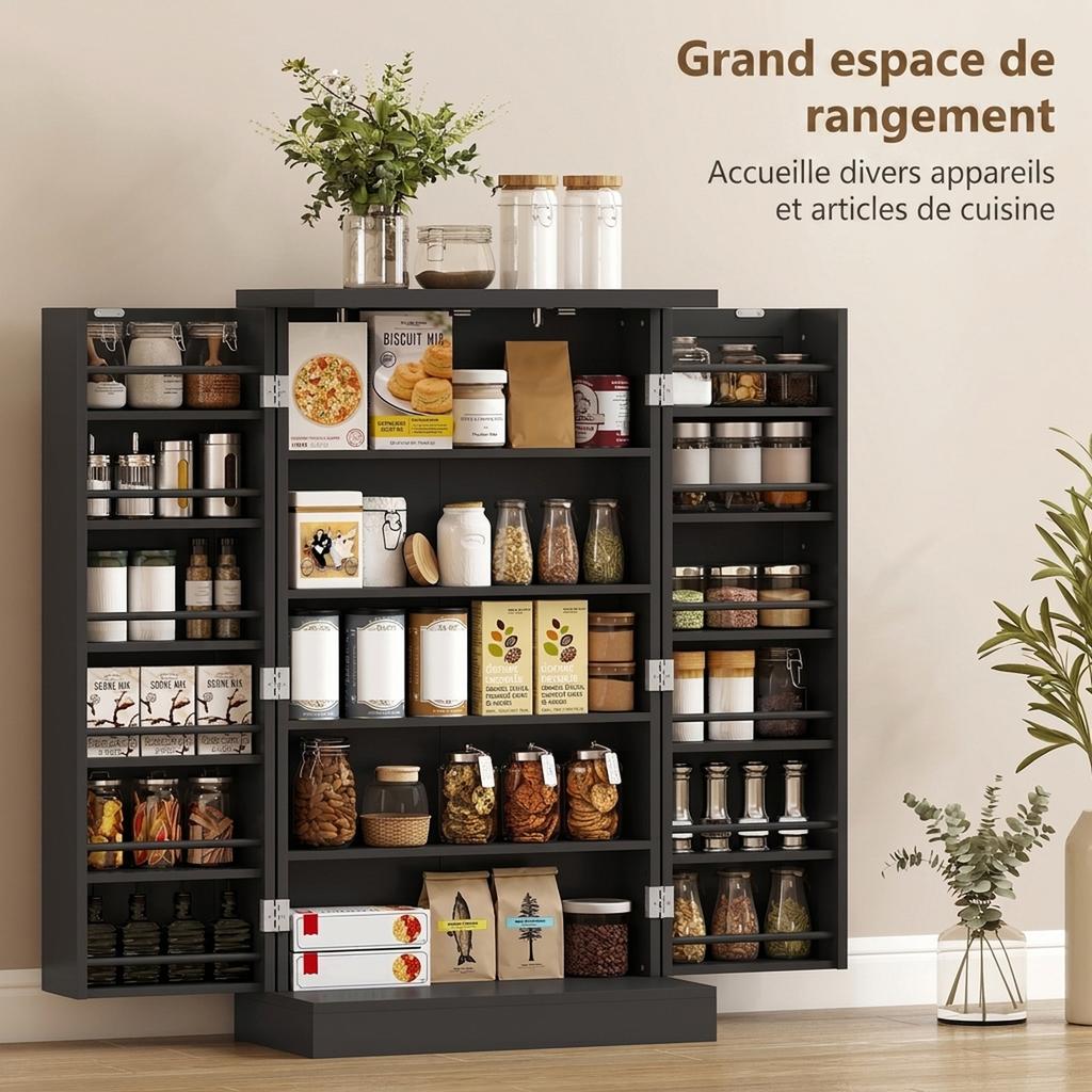 Kitchen Buffet Cabinet, 2 Doors, 12 Racks, 5 Compartments, Adjustable Shelves, Black